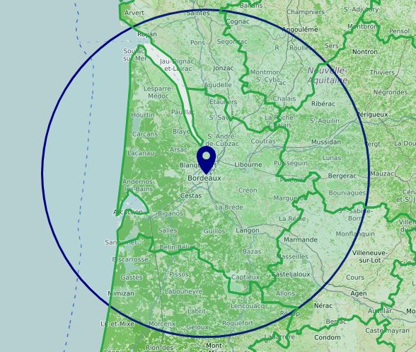 Carte 100km autour Bordeaux site bilancoronaviris
